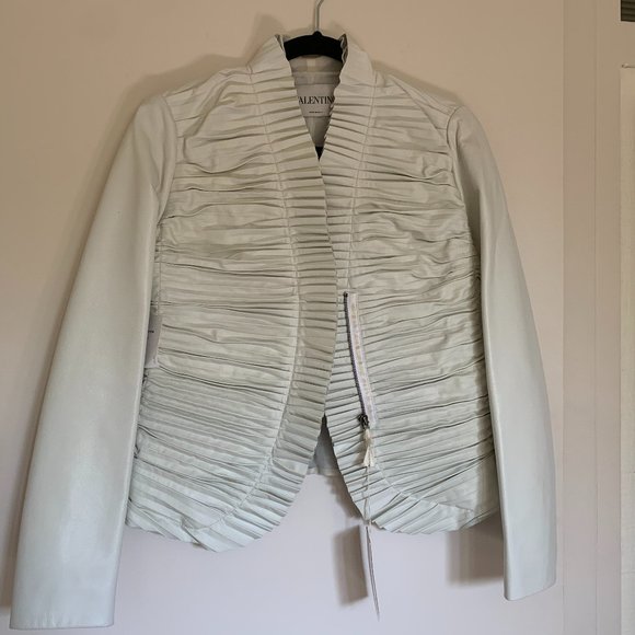 Valentino Jackets & Blazers - Valentino runway white pleated leather Jacket with silk tulle lining US 4 6
